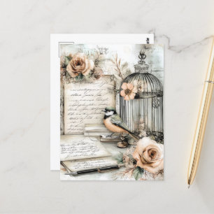 Postal Acuarela Shabby Chic Bird & Cage