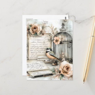 Postal Acuarela Shabby Chic Bird & Cage
