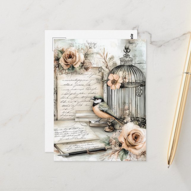 Postal Acuarela Shabby Chic Bird & Cage (Anverso/Reverso In Situ)