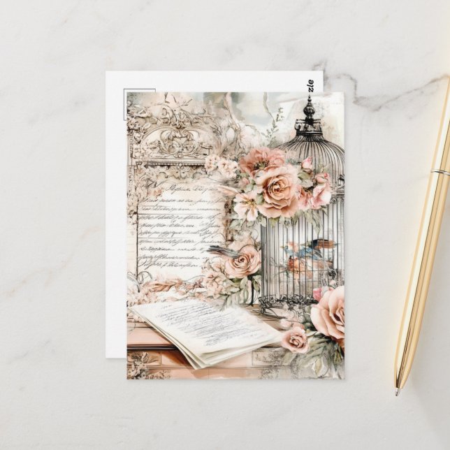 Postal Acuarela Shabby Chic Bird Cage (Anverso/Reverso In Situ)