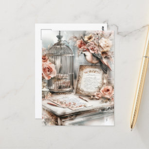 Postal Acuarela Shabby Chic Bird Cage Bird Bird y Rosas