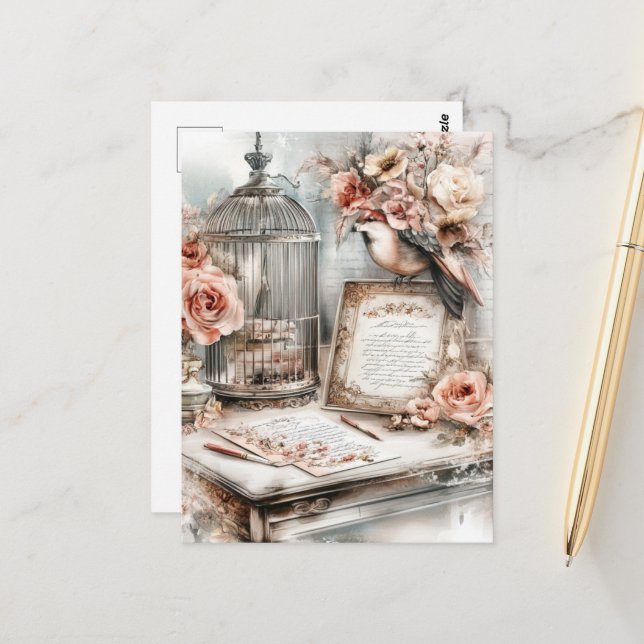 Postal Acuarela Shabby Chic Bird Cage Bird Bird y Rosas (Anverso/Reverso In Situ)