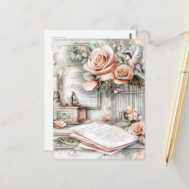 Postal Acuarela Shabby Chic Bird Cage y Rosas (Anverso/Reverso In Situ)