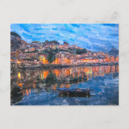 Postal Acuarela. Tarde en Vila Nova de Gaia en el Douro.