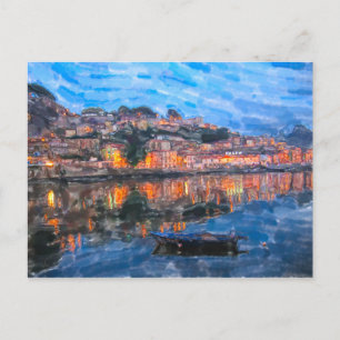 Postal Acuarela. Tarde en Vila Nova de Gaia en el Douro.