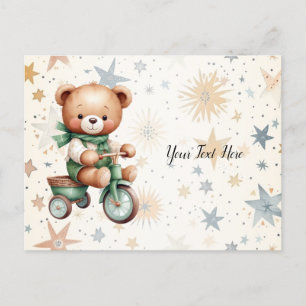 Postal Acuarela Teddy Bear Stars Green Bike Hermoso