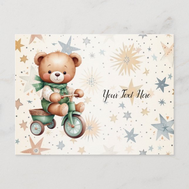 Postal Acuarela Teddy Bear Stars Green Bike Hermoso (Anverso)