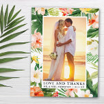 Postal Acuarela Tropical Coral Floral Amor y Gracias<br><div class="desc">Elegante acuarela Floral de coral tropical,  vegetación y hojas de palmera Novia y Groom Amor y Gracias Boda Foto Gracias Postcard</div>