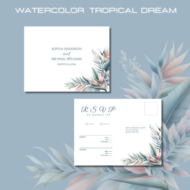 Postal Acuarela Tropical Dream-Wedding RSVP- (Watercolor Tropical Dream Wedding RSVP Postcard-Coastal-Pastel Colors)