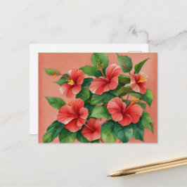 Postal Acuarela Tropical Hawaii Hibisco Rojo