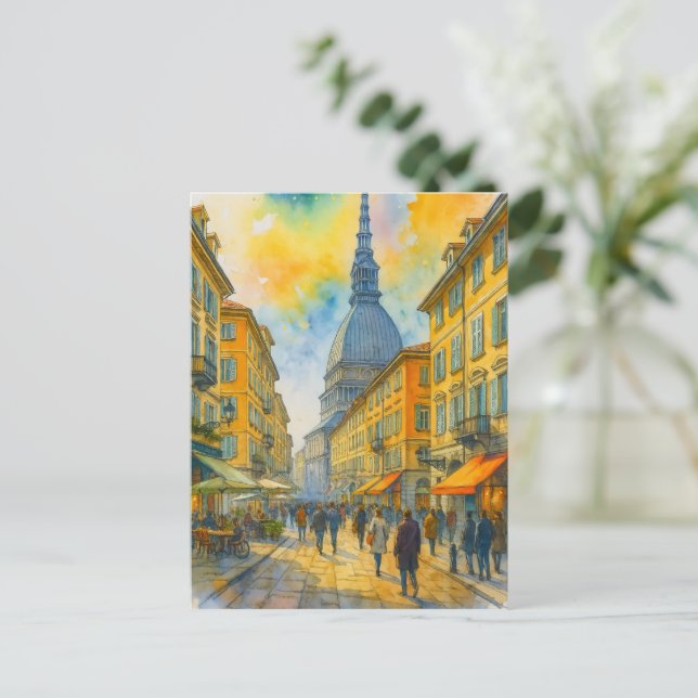 Postal Acuarela Turín Italia – Mole Antonelliana Ciudad  (Anverso de pie)