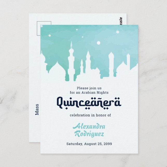 Postal Acuarela Turquesa Arábiga Quinceañera (Anverso / Reverso)