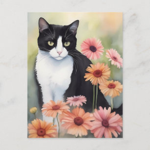 Postal Acuarela Tuxedo Cat Con Flores Gerbera Daisy