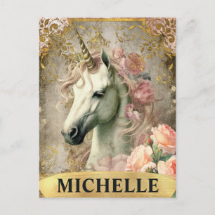 Postal Acuarela Unicornio Blanco Vintage y Rosas Rosadas