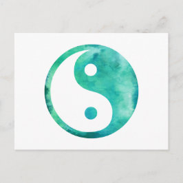 Postal Acuarela verde azulada Yin Yang Taoismo Balance