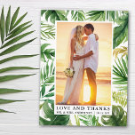 Postal Acuarela Verde tropical Amor Gracias Boda<br><div class="desc">Elegante acuarela Palm de Verdor Tropical Sale Novia y Groom Amor y Gracias Boda Foto Gracias Postcard</div>