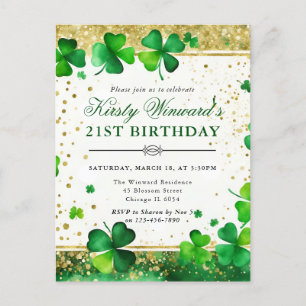 Postal Acuarela Verde y Dorado Trébol Cumpleaños 21