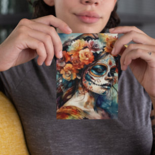 Postal Acuarela vibrante Dia de los Muertos Catrina