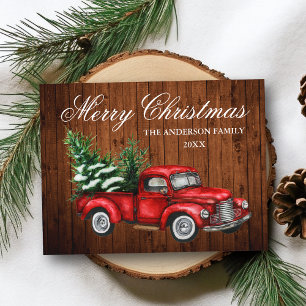 Postal Acuarela Vintage Camión Rojo Madera Feliz Navidad