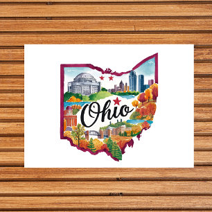 Postal Acuarela Vintage con forma de estado de Ohio EE. U