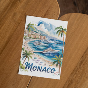 Postal Acuarela vintage de Mónaco Riviera Francesa Viajes