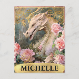Postal Acuarela Vintage Dragón Blanco y Rosas Rosadas