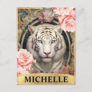 Postal Acuarela vintage tigre blanco y rosas rosadas