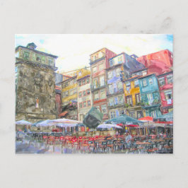 Postal Acuarela. Vista de la ciudad de Oporto en el Duero