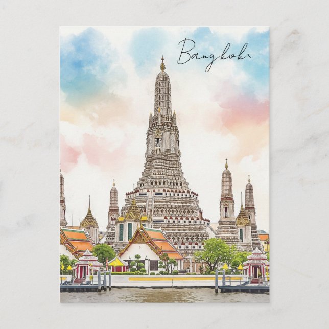 Postal Acuarela Wat Arun de Bangkok Tailandia (Anverso)