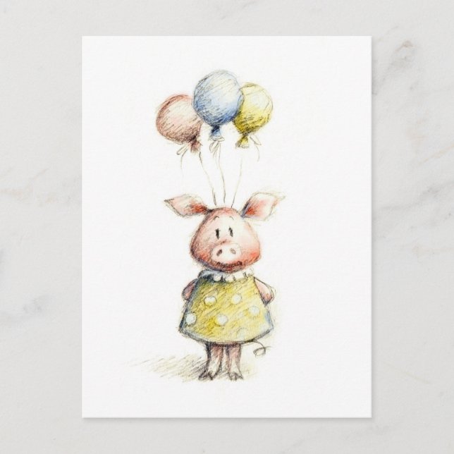 Postal Acuarela y dibujo a lápiz de cerdo con globos (Anverso)