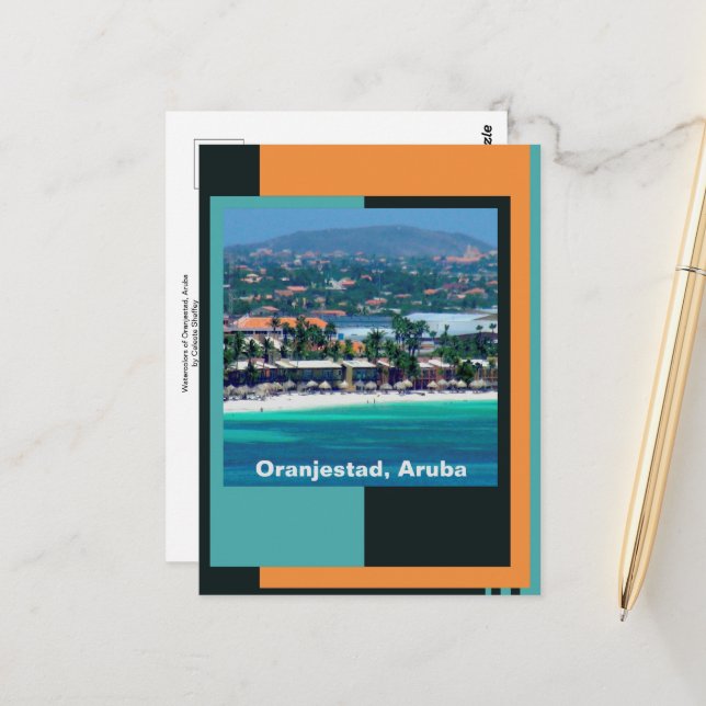 Postal Acuarelas de Oranjestad, Aruba (Anverso/Reverso In Situ)