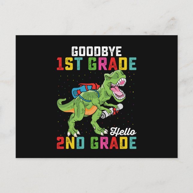 Postal Adiós primer grado Hola segundo grado T Rex Dinosa (Anverso)