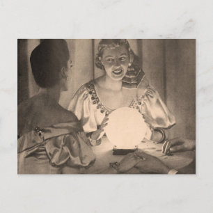 Postal Adivina vintage con bola de cristal sepia