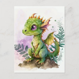 Postal Adorable acuarela Dragón bebé con ojos morados