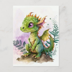 Postal Adorable acuarela Dragón bebé con ojos morados