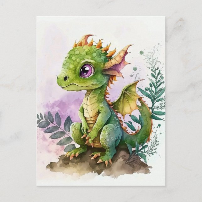 Postal Adorable acuarela Dragón bebé con ojos morados (Anverso)