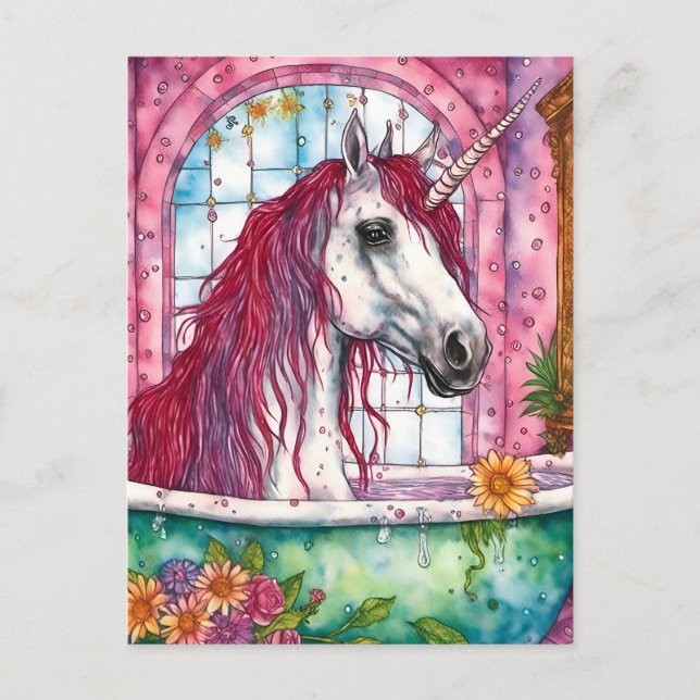 Postal Adorable acuarela rosa Mane Unicorn Bathtime (Anverso)