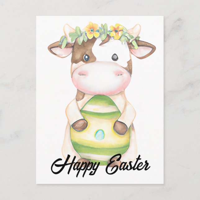 Postal Adorable acuarela vaca de Pascua (Anverso)