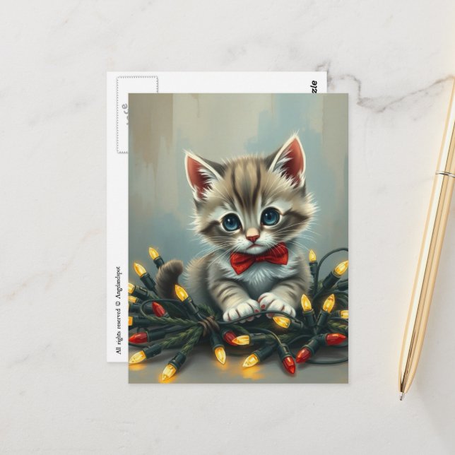 Postal Adorable and Cute Christmas Kitten With Lights (Anverso/Reverso In Situ)