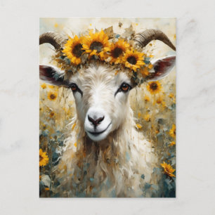 Postal Adorable Angora Goat en los campos del girasol