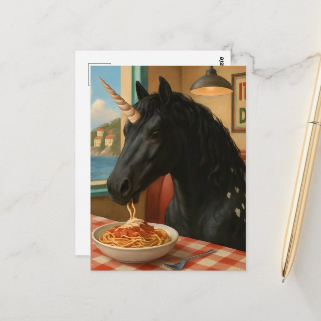 Postal Adorable Appaloosa Unicorn Comer Pasta (Anverso/Reverso In Situ)