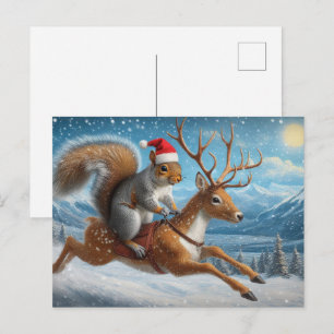 Postal Adorable ardilla Santa Reindeer Navidades Nevando