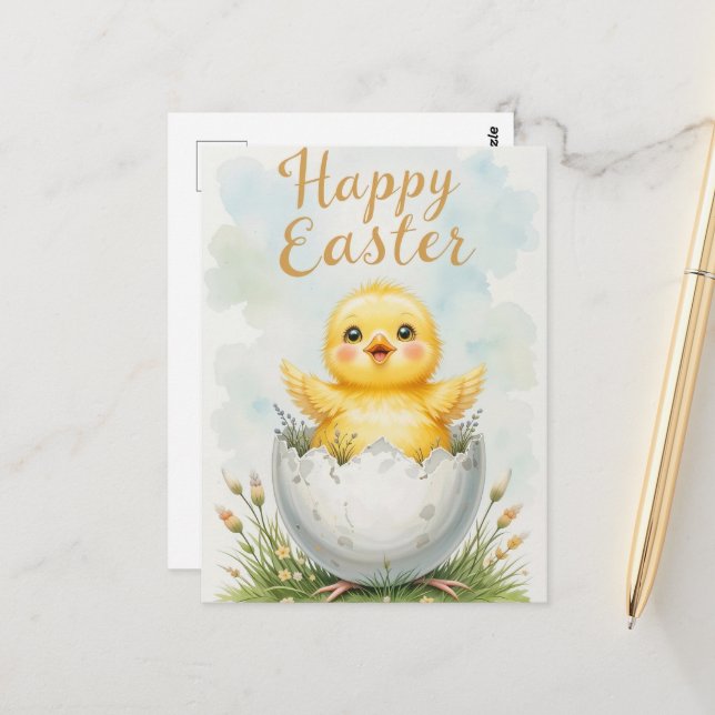 Postal Adorable Baby Chick Feliz Pascua (Anverso/Reverso In Situ)