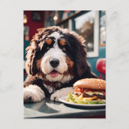 Postal Adorable Bernerdoodle en el Diner