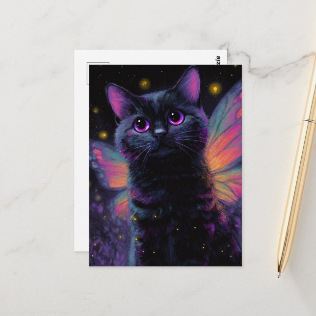 Postal Adorable Black and Purple Cat Fairy (Anverso/Reverso In Situ)