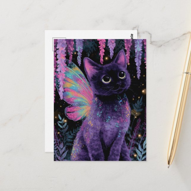 Postal Adorable Black and Purple Cat Fairy (Anverso/Reverso In Situ)