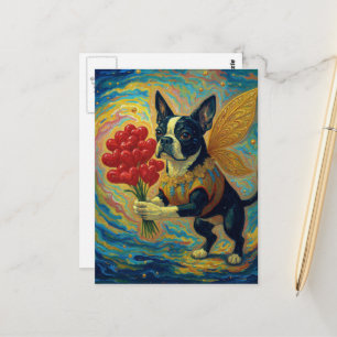 Postal Adorable Boston Terrier con Corazones
