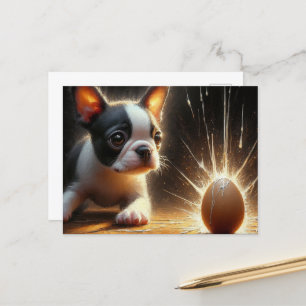 Postal Adorable Boston Terrier Huevo roto de cachorro