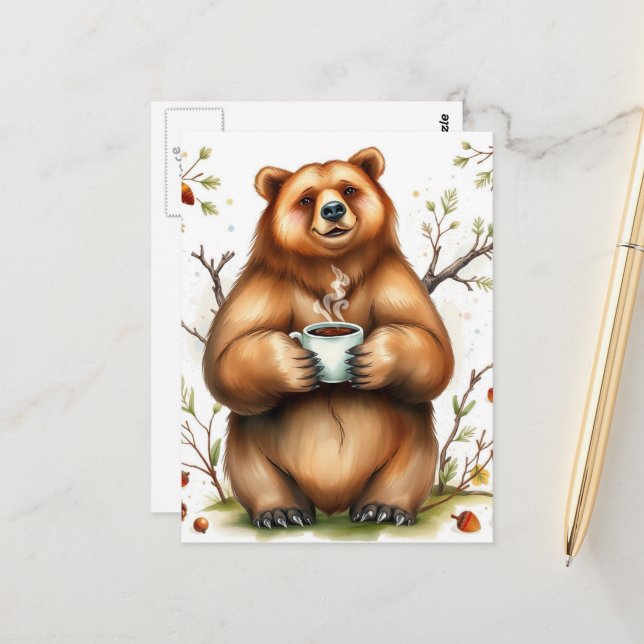 Postal Adorable Brown Bear and a Coffee (Anverso/Reverso In Situ)