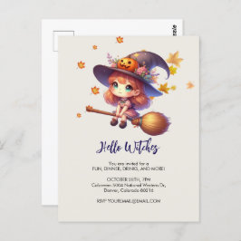 Postal Adorable Bruja Cute volando con escoba, Halloween